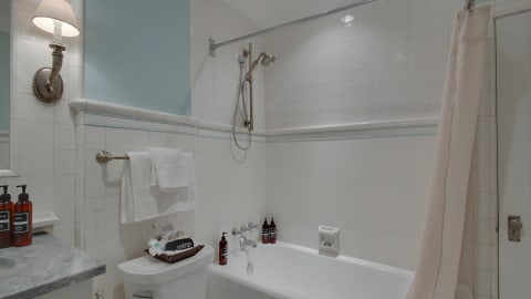 A stylish bathroom featuring a combined tub and shower with marble countertops and elegant toiletries.