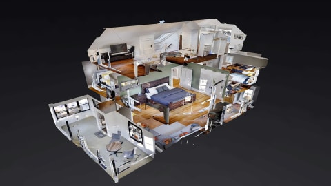 3D representation of a dollhouse with multiple rooms and furniture details.