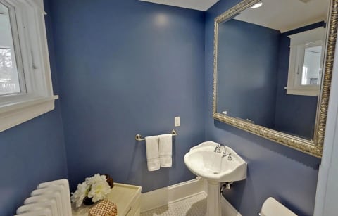 Sophisticated bathroom with blue walls, pedestal sink, and ornate mirror.