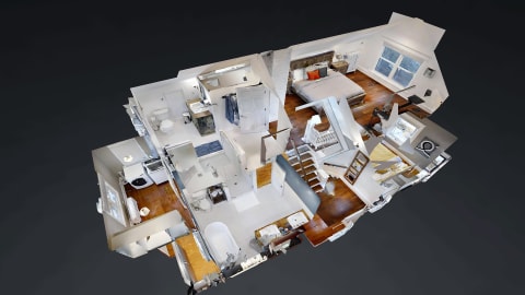 3D layout of a contemporary two-story home showcasing spacious rooms and open living areas.