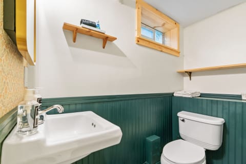 A small bathroom featuring a white sink, green paneling, and a makeup shelf.