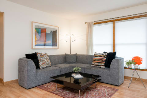 A cozy modern living room with a gray corner sofa and colorful decor.