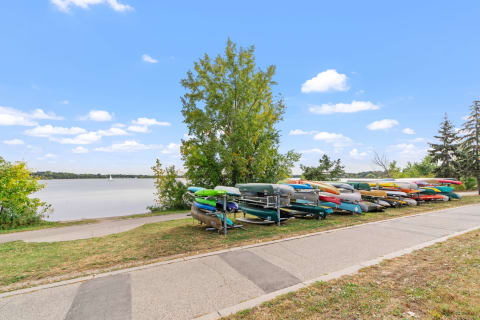 Colorful kayaks stacked beside a calm lake with a clear sky and a distant sailboat.