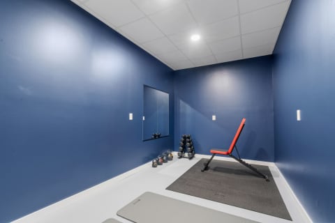 Interior view of a home gym featuring navy blue walls, red workout bench, dumbbell rack, and exercise mats.