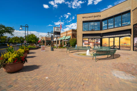Outdoor shopping area featuring a fountain and colorful flowerpots under a blue sky.