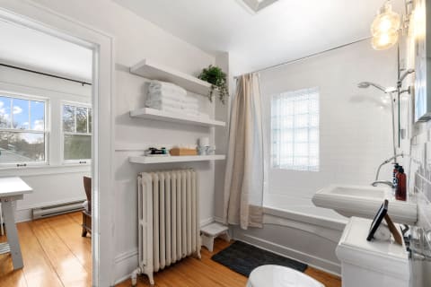 Bright bathroom with white walls, vintage radiator, and modern shower.