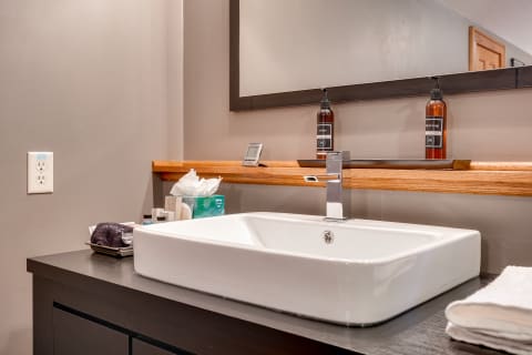 Elegant bathroom sink with modern faucet and amenities arranged neatly on the countertop.