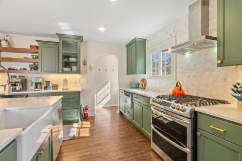 Modern kitchen with green cabinets, stainless steel appliances, and wooden shelving.