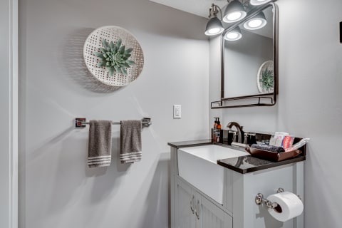 A bright and modern bathroom with a sink, decorative plant, towels, and toiletries.