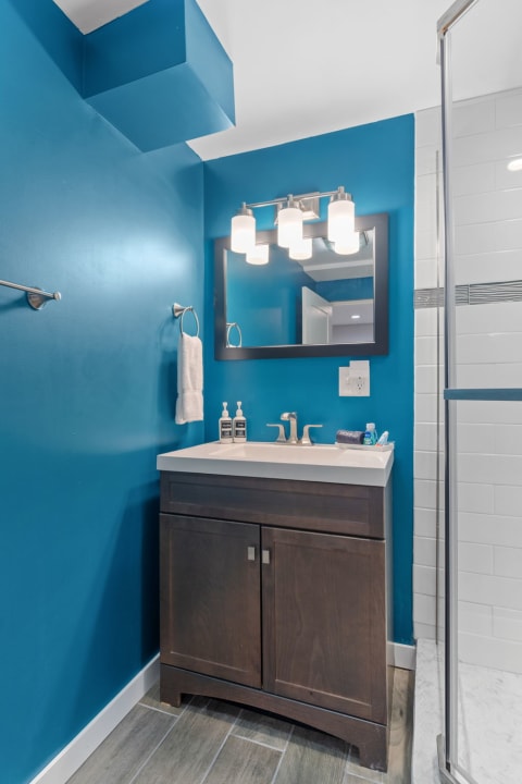 Interior view of a modern bathroom featuring blue walls and a stylish vanity.