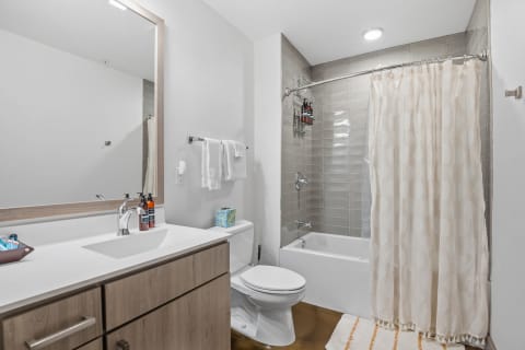 A modern bathroom with a white sink, light wood cabinet, and a shower area.