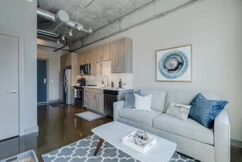 Stylish living area featuring a gray sofa, modern kitchen, and abstract wall art.