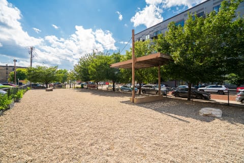 Outdoor space with gravel ground, shade structure, and lush trees under a bright blue sky.