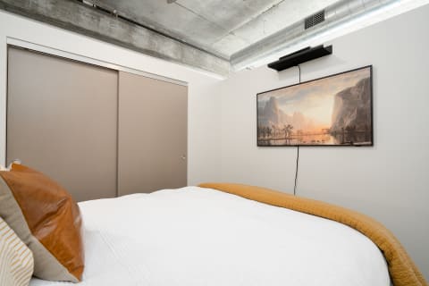 A contemporary bedroom with a made bed, leather pillows, and a mounted landscape painting on the wall.