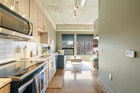Modern kitchen and living area in a small apartment with natural light.