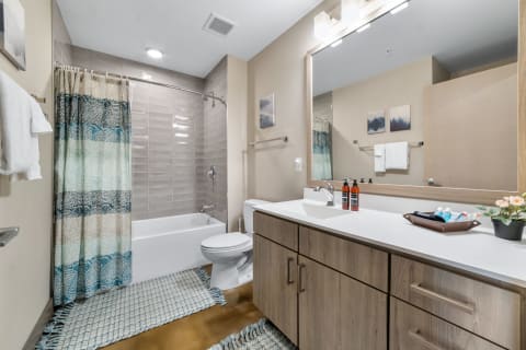 A contemporary bathroom with a bathtub, vanity, and decorative items.