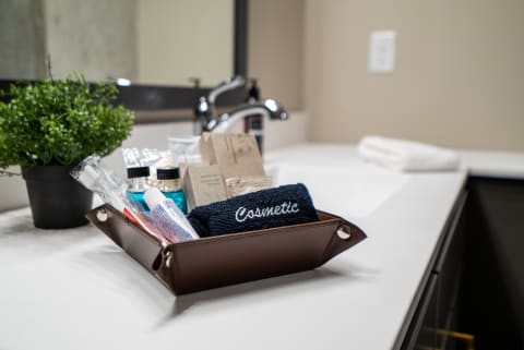 Bathroom countertop with a brown leather tray holding toiletries and a small potted plant.