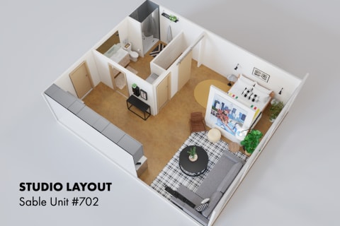 A 3D floor plan of a studio apartment showcasing the layout of living, sleeping, and bathroom areas.