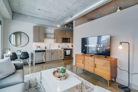 Contemporary living room with a kitchen area, featuring a television and stylish furnishings.