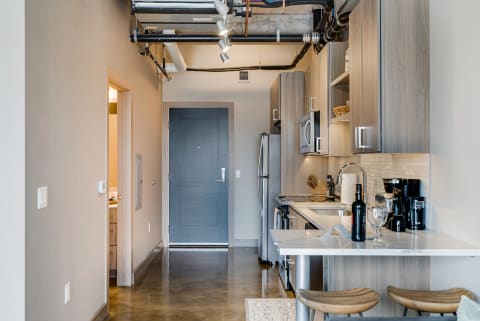 Interior view of a stylish apartment kitchen and entryway with modern appliances.