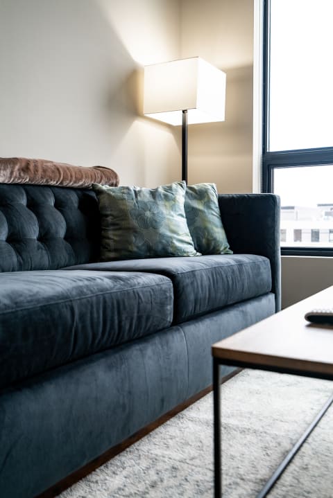 Cozy living room with a deep blue velvet sofa, decorative pillows, and a floor lamp.