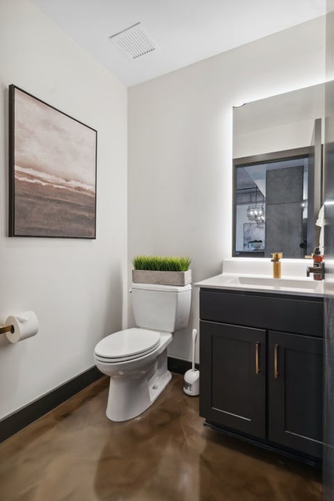 A sleek and modern bathroom with white walls, dark cabinetry, and a touch of greenery.