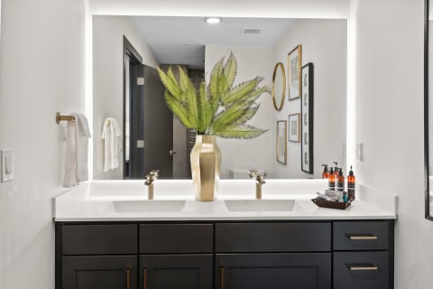 A stylish bathroom featuring a double sink, illuminated mirror, and decorative elements.