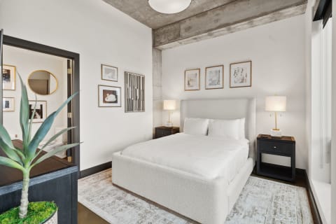A contemporary bedroom with a plush bed, framed art on the walls, and greenery in a potted plant.