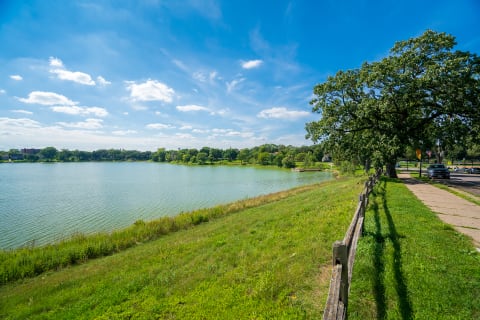 A lakeside scene featuring a lush green lawn, trees, and a blue sky with clouds.