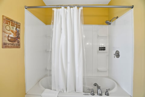 Cozy bathroom featuring a tub-shower setup with vintage decor and modern toiletries.