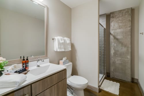 Step into your sleek bathroom with modern concrete shower walls and premium amenities ready for your arrival.