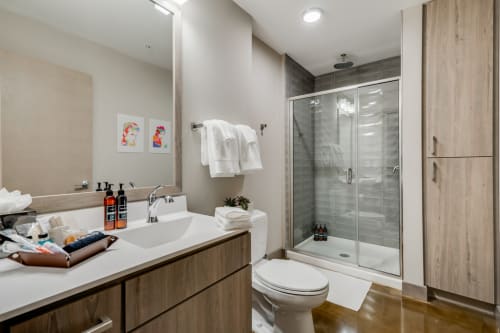 Your sleek bathroom features a spacious glass shower, modern vanity with premium toiletries, and warm wood accents for ultimate relaxation.