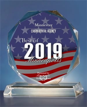 Crystal award. Text: Minnestay Cabin Rental Agency, Best of 2019, Minneapolis.
