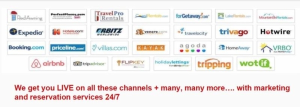 Vacation Rental services logos. Text: We get you live on all these channels + many, many, more... with marketing and reservation services 24/7.