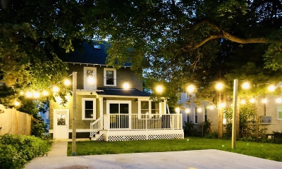 Exterior of a Minneapolis house at night.