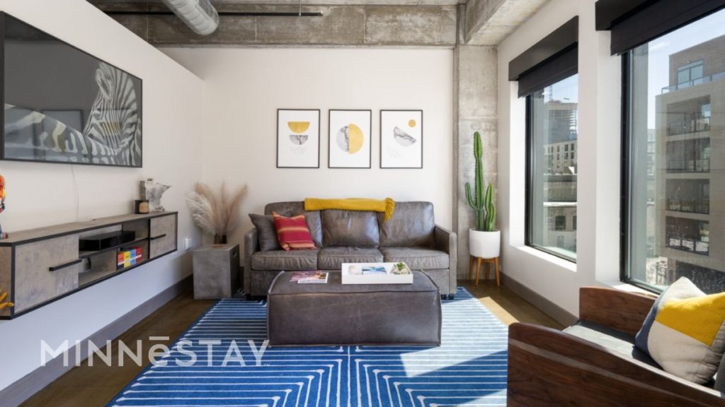 Living room with a view in a corporate rental in Minneapolis located in the Sable.