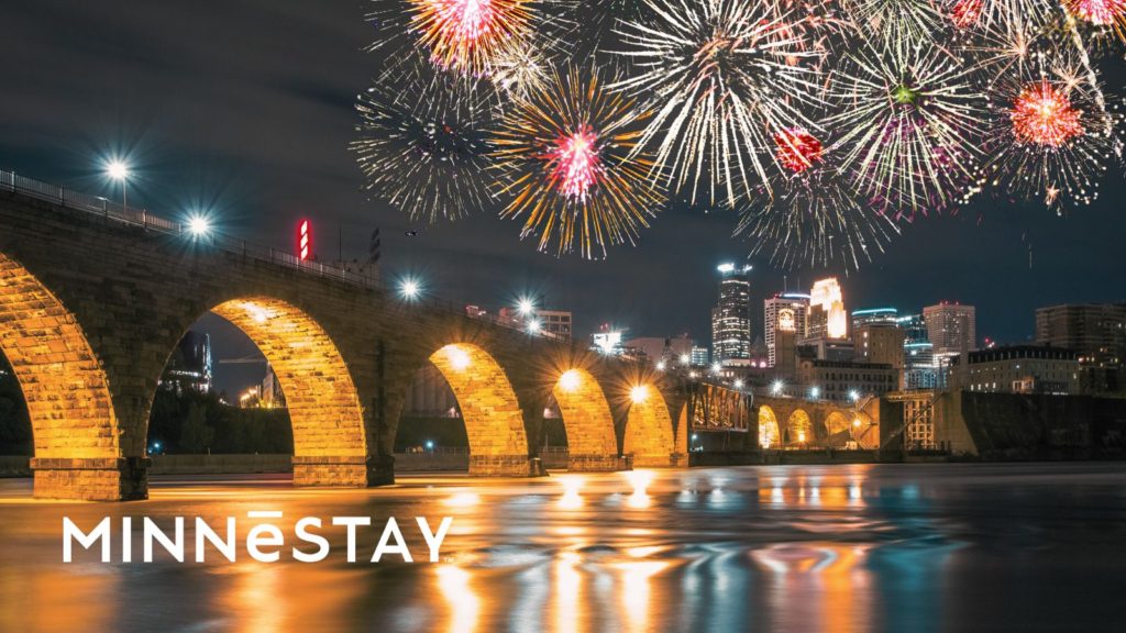 Fireworks over the Old Stone Bridge in Minneapolis for Independence Day
