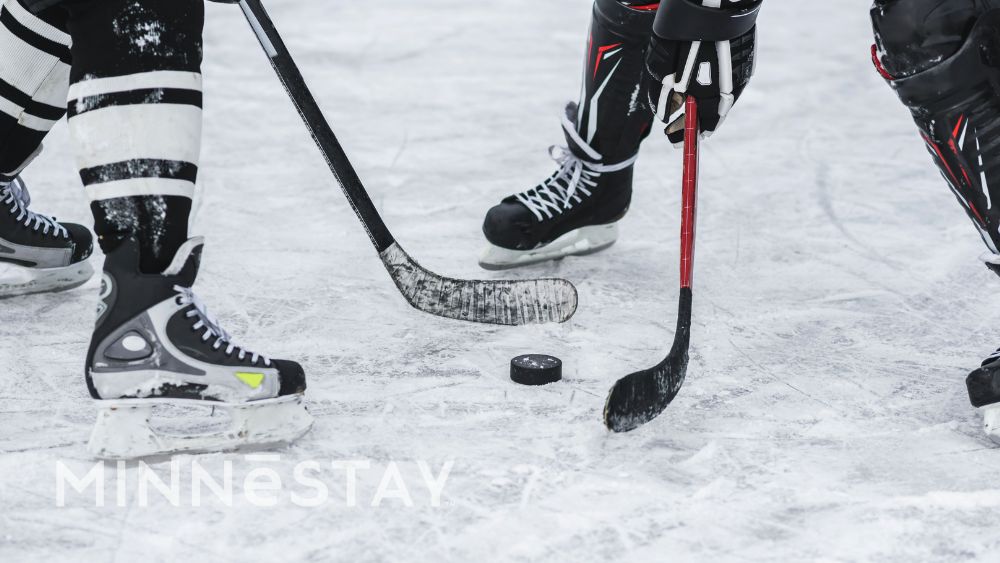 Two hockey players on the ice in a Minnesota rink.